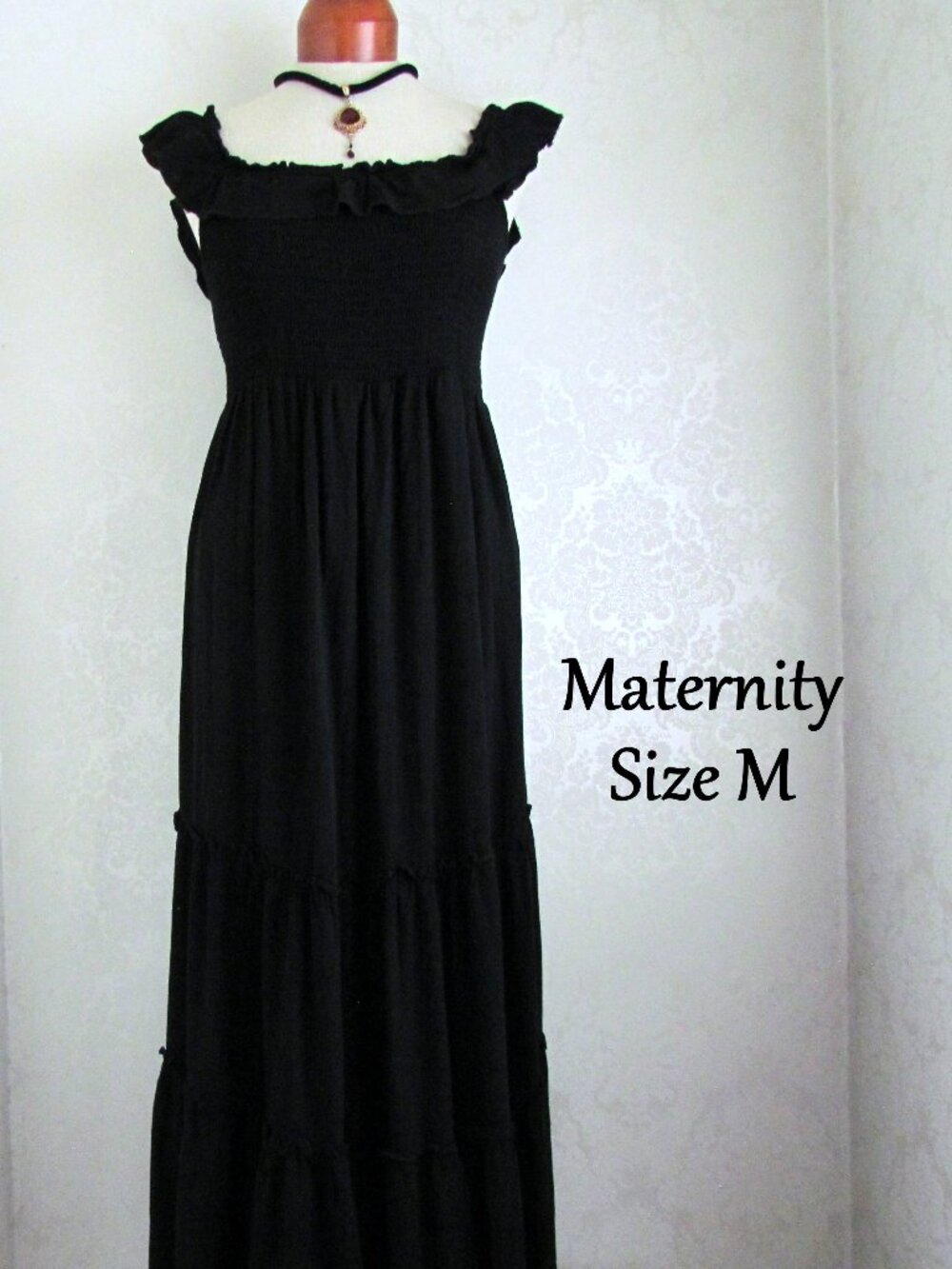 BLACK MATERNITY MAXI DRESS, M, SLEEVELESS w RUFFLES, STRETCH BODICE, COMFORTABLE